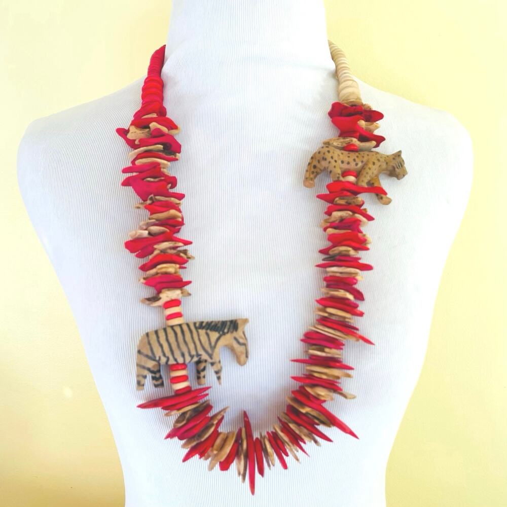 Artisan Safari Wood Carved Wood Cheetah Zebra Disc Necklace African Tribal Boho - Picture 2 of 11